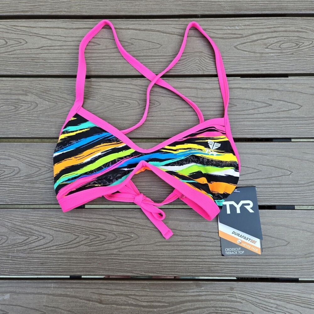 TYR Durafast One Ravana Crosscut Tie Bikini Green Pink Stripe Size: XS 0/2 New